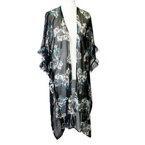 Betsey Johnson Kimono Wrap Women’s One Size Black Floral Open Front Beach